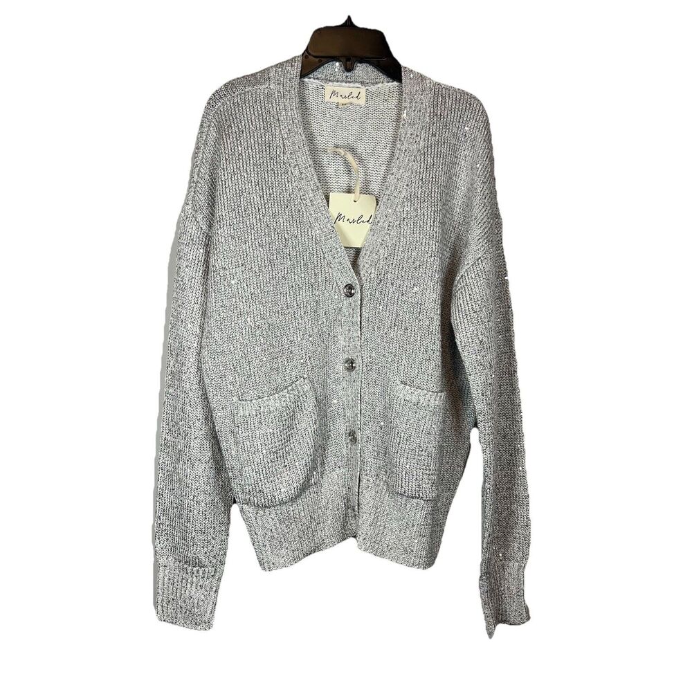 Marled GRAY SEQUIN BUTTON POCKET LONG SLEEVE cardigan KNIT NWT MEDIUM GOOD PRICE